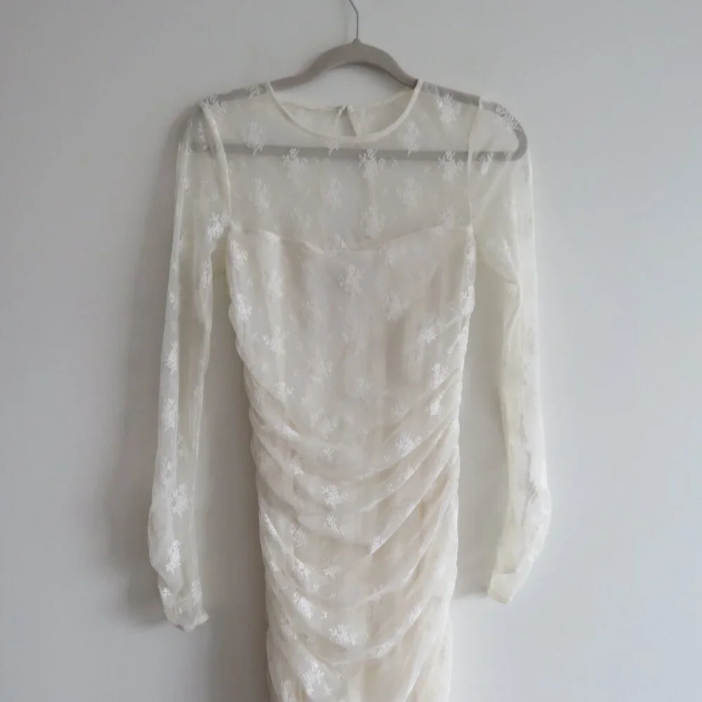 BHLDN Bailee White Lace Ruched Stretch Bodycon Dress Romantic Wedding Size S - Picture 3 of 14